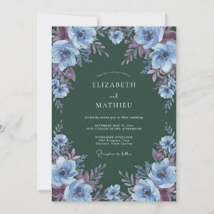 Invitación Boda floral azul polvo verde profundo