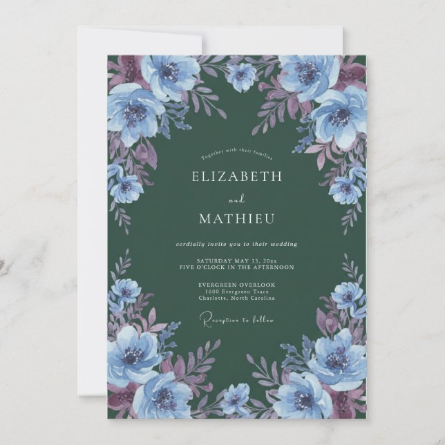 Invitación Boda floral azul polvo verde profundo (Anverso)