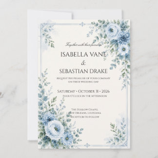 Invitación Boda floral azul polvoriento