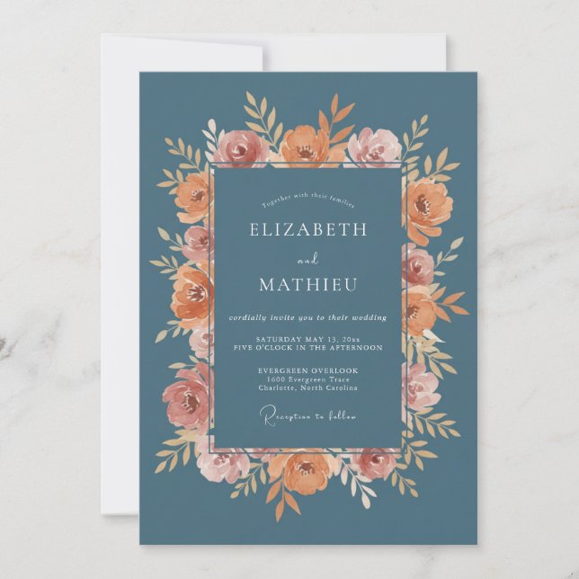 Invitación Boda Floral Azul Polvoriento (Anverso)