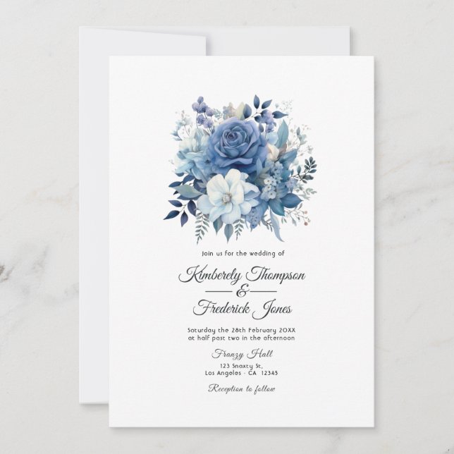 Invitación Boda floral azul polvoriento (Anverso)