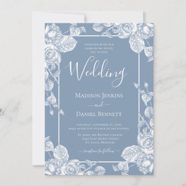 Invitación Boda floral azul polvoriento (Anverso)