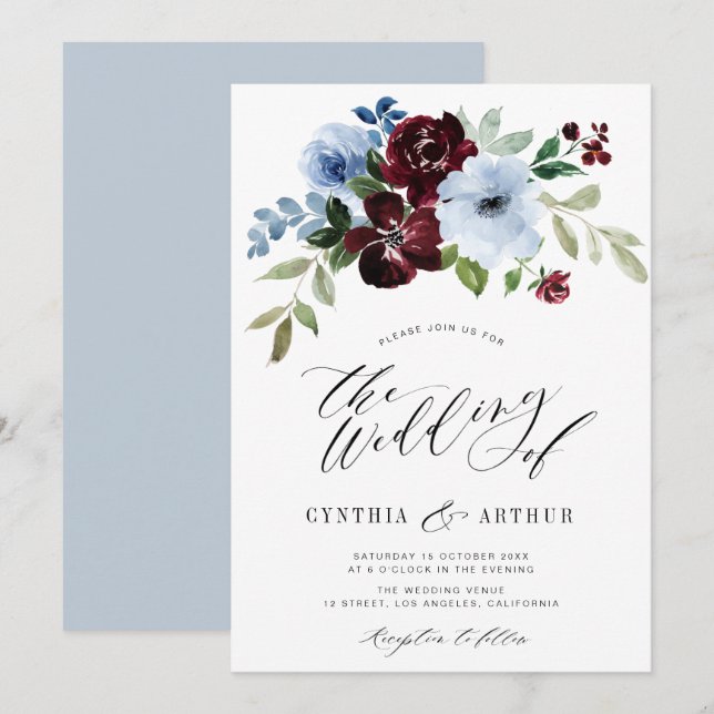 Invitación boda floral azul polvoriento (Anverso / Reverso)
