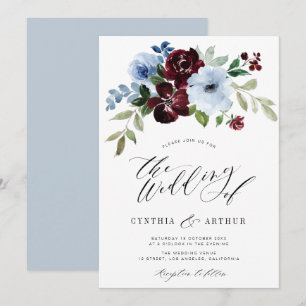 Invitación boda floral azul polvoriento