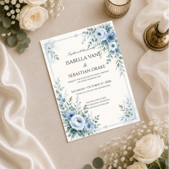 Invitación Boda floral azul polvoriento (Subido por el creador)
