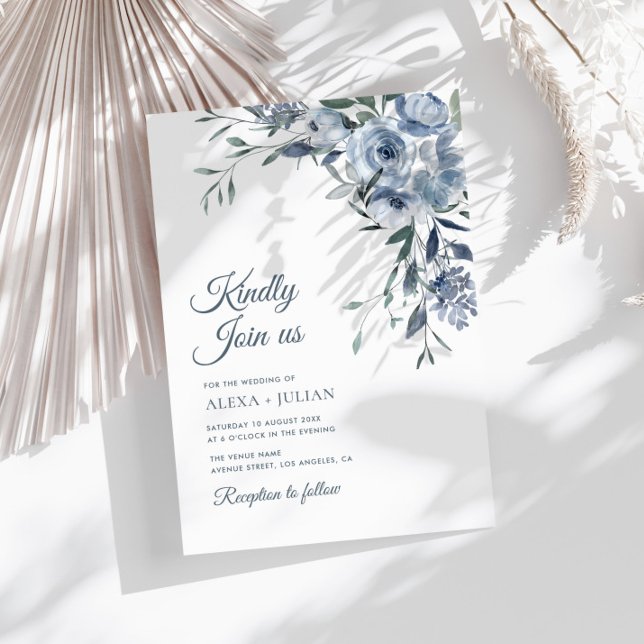 Invitación boda floral azul polvoriento (Subido por el creador)