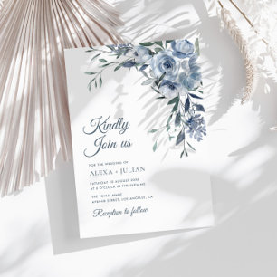 Invitación boda floral azul polvoriento