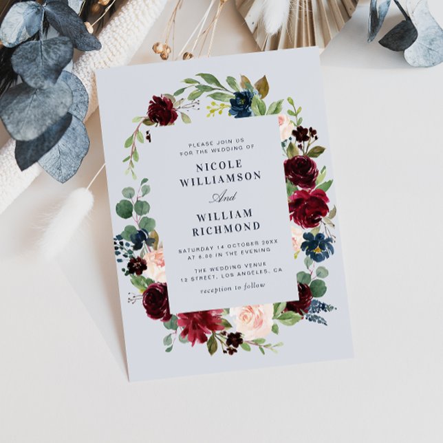 Invitación boda floral azul polvoriento (Subido por el creador)