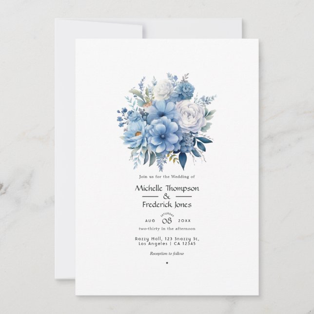 Invitación Boda Floral Azul Polvoriento (Anverso)
