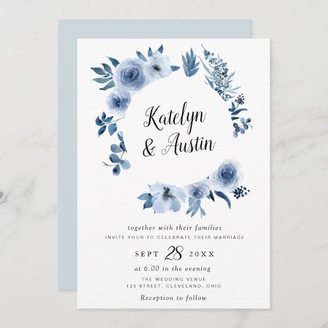Invitación Boda floral azul polvoriento acuarela (Anverso / Reverso)