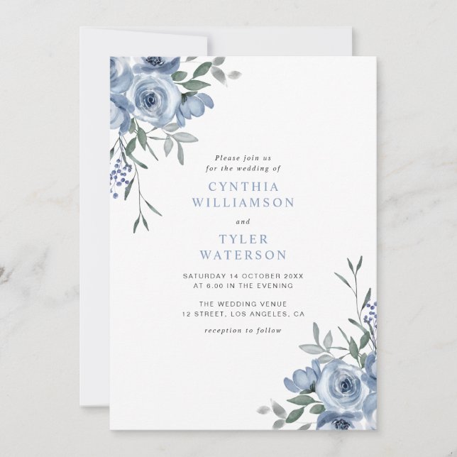 Invitación boda floral azul polvoriento bohemio (Anverso)