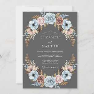 Invitación Boda Floral Azul Polvoriento Carbón