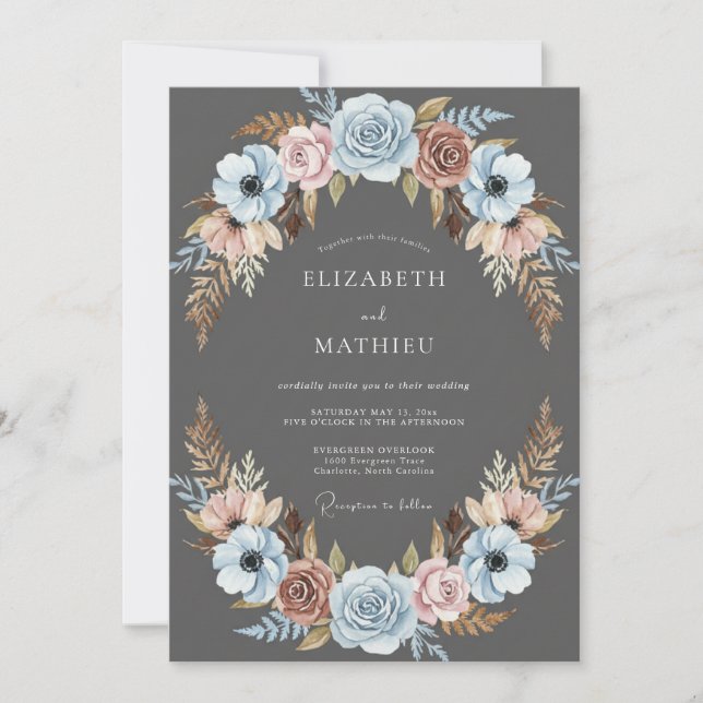 Invitación Boda Floral Azul Polvoriento Carbón (Anverso)