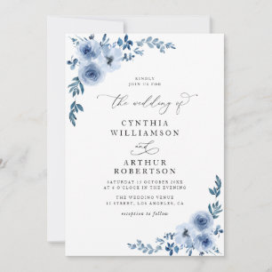 Invitación boda floral azul polvoriento de guión elegante