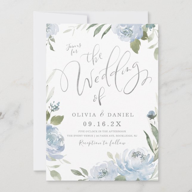 Invitación Boda floral azul polvoriento de jardín romántico (Anverso)