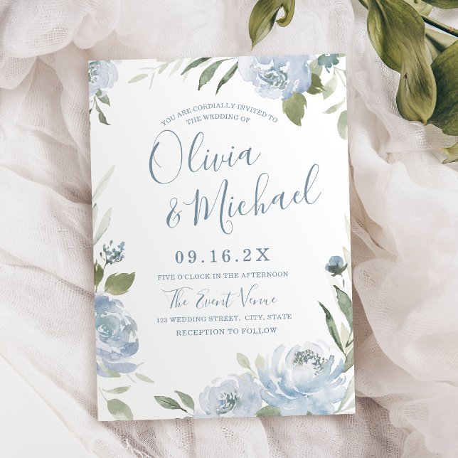 Invitación Boda floral azul polvoriento de jardín romántico (Romantic garden dusty blue floral wedding invitation)