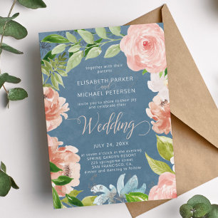 Invitación Boda floral azul polvoriento de primavera moderna 