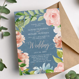 Invitación Boda floral azul polvoriento de primavera moderna