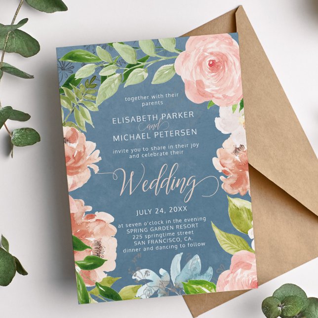 Invitación Boda floral azul polvoriento de primavera moderna  (Subido por el creador)