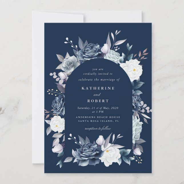 Invitación boda floral azul polvoriento elegante acuarela (Anverso)