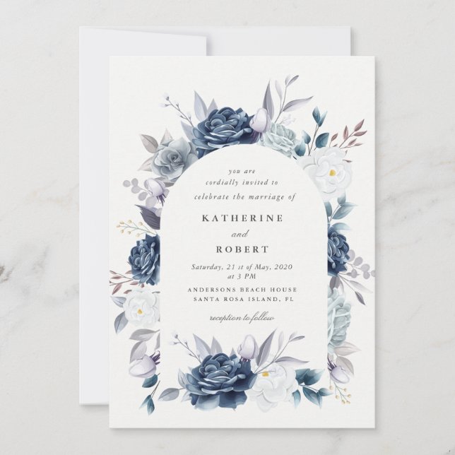 Invitación boda floral azul polvoriento elegante acuarela (Anverso)