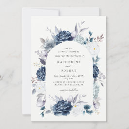 Invitación boda floral azul polvoriento elegante acuarela