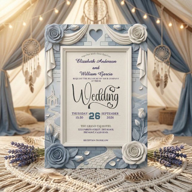 Invitación Boda floral azul polvoriento relieve 3D falso (Subido por el creador)