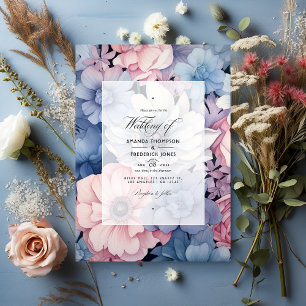 Invitación Boda floral azul polvoriento, rosa rubor y plata