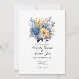 Invitación Boda floral azul polvoriento y dorado