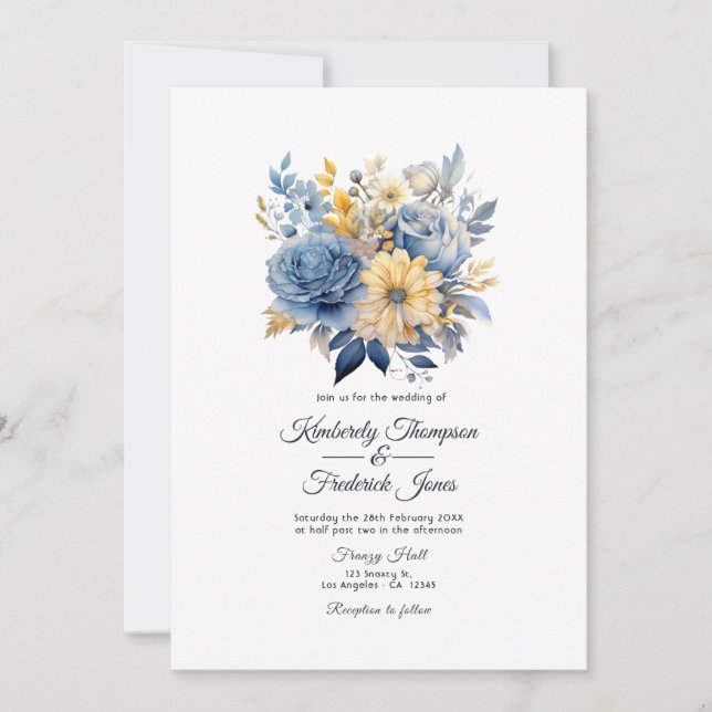 Invitación Boda floral azul polvoriento y dorado (Anverso)