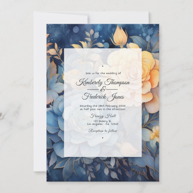 Invitación Boda floral azul polvoriento y dorado (Anverso)