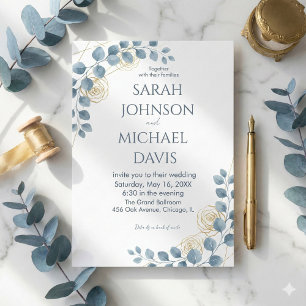 Invitación Boda floral azul polvoriento y dorado