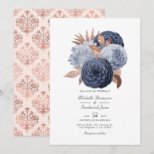 Invitación Boda floral azul polvoriento y dorado rosa