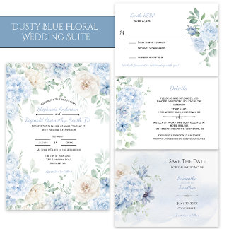 Invitación Boda floral azul polvoriento y marfil