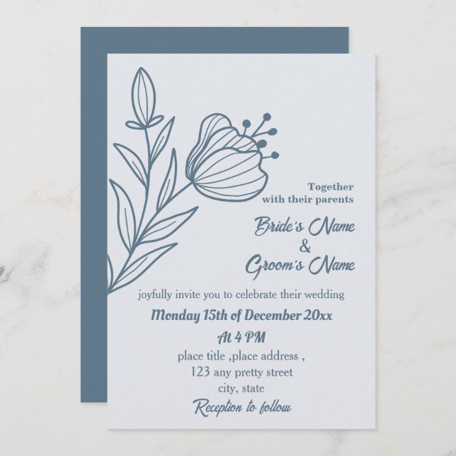 Invitación Boda floral azul polvoriento y romántico (Anverso / Reverso)
