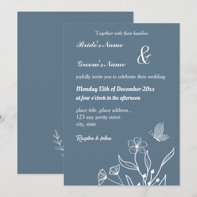 Invitación Boda floral azul polvoriento y romántico (Anverso / Reverso)
