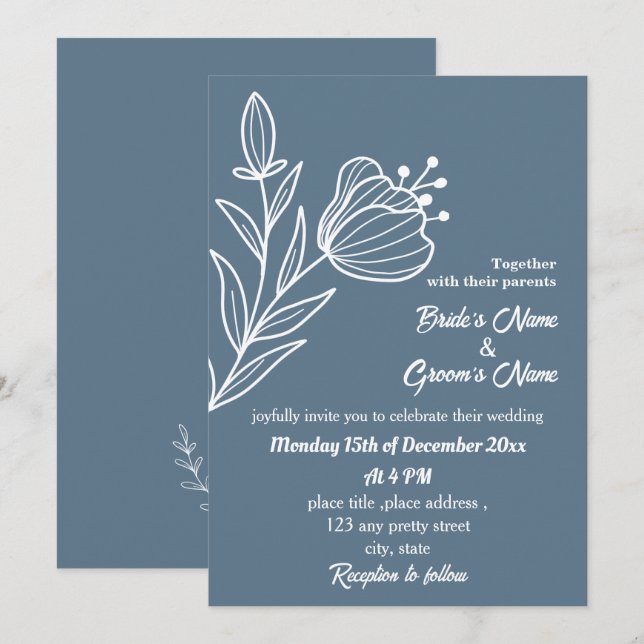 Invitación Boda floral azul polvoriento y romántico (Anverso / Reverso)
