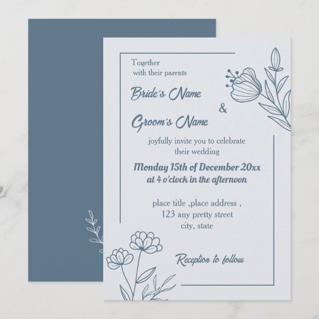Invitación Boda floral azul polvoriento y romántico (Anverso / Reverso)