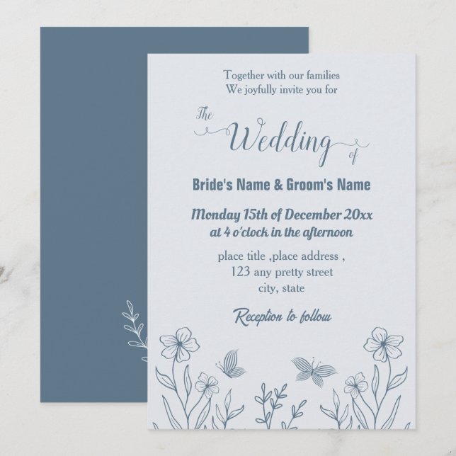 Invitación Boda floral azul polvoriento y romántico (Anverso / Reverso)
