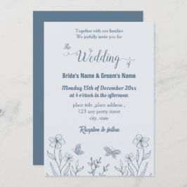 Invitación Boda floral azul polvoriento y romántico