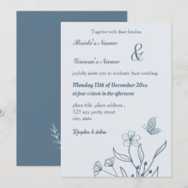 Invitación Boda floral azul polvoriento y romántico