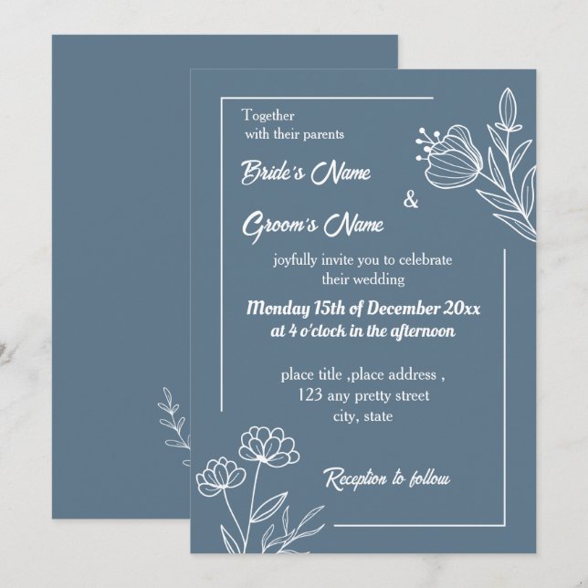 Invitación Boda floral azul polvoriento y romántico (Anverso / Reverso)