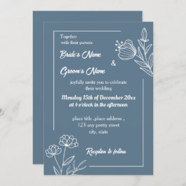 Invitación Boda floral azul polvoriento y romántico