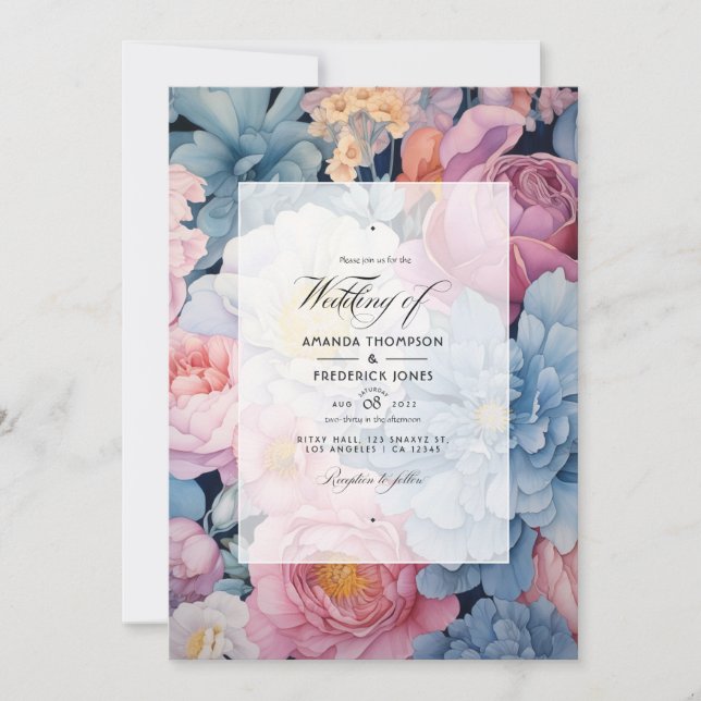 Invitación Boda floral azul polvoriento y rubor (Anverso)