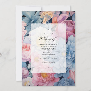 Invitación Boda floral azul polvoriento y rubor