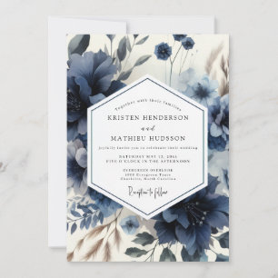 Invitación Boda Floral Azul Profundo y Melancólica