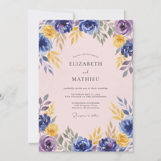 Invitación Boda floral azul púrpura (Anverso)