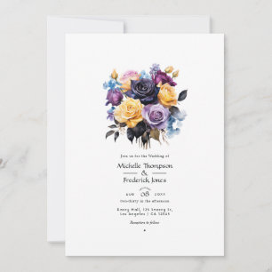 Invitación Boda floral azul, púrpura, dorado y negro