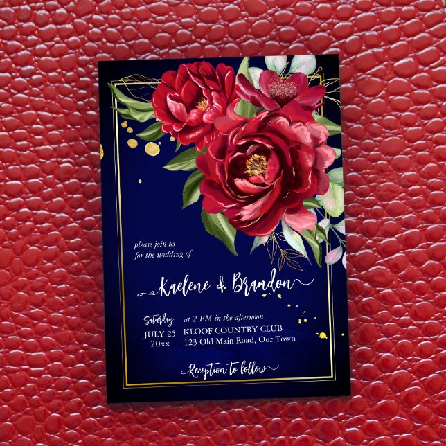Invitación Boda floral azul real de las peonías de Borgoña (Subido por el creador)