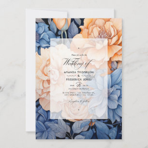Invitación Boda floral azul real, melocotón y gris